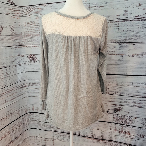 Taylor & Sage Ribbed Babydoll And Lace Top Small Gray Cream - Picture 6 of 12